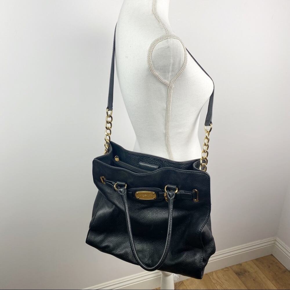 Michael Kors Hamilton Bag Black Leather Crossbody Gold Chain Large Size - Picture 8 of 9
